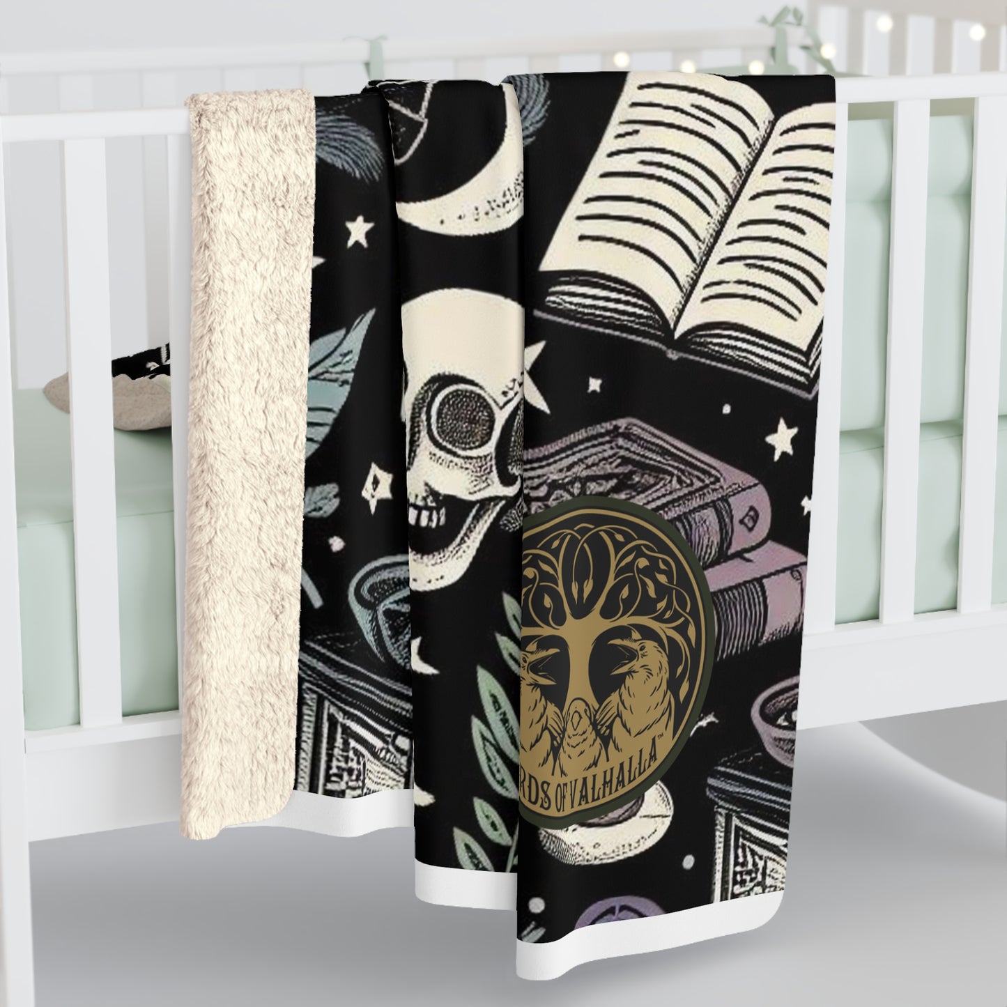 Witchy Cat Pagan Ritual Sherpa Fleece Blanket, Birds of Valhalla, Home Decor, Printify