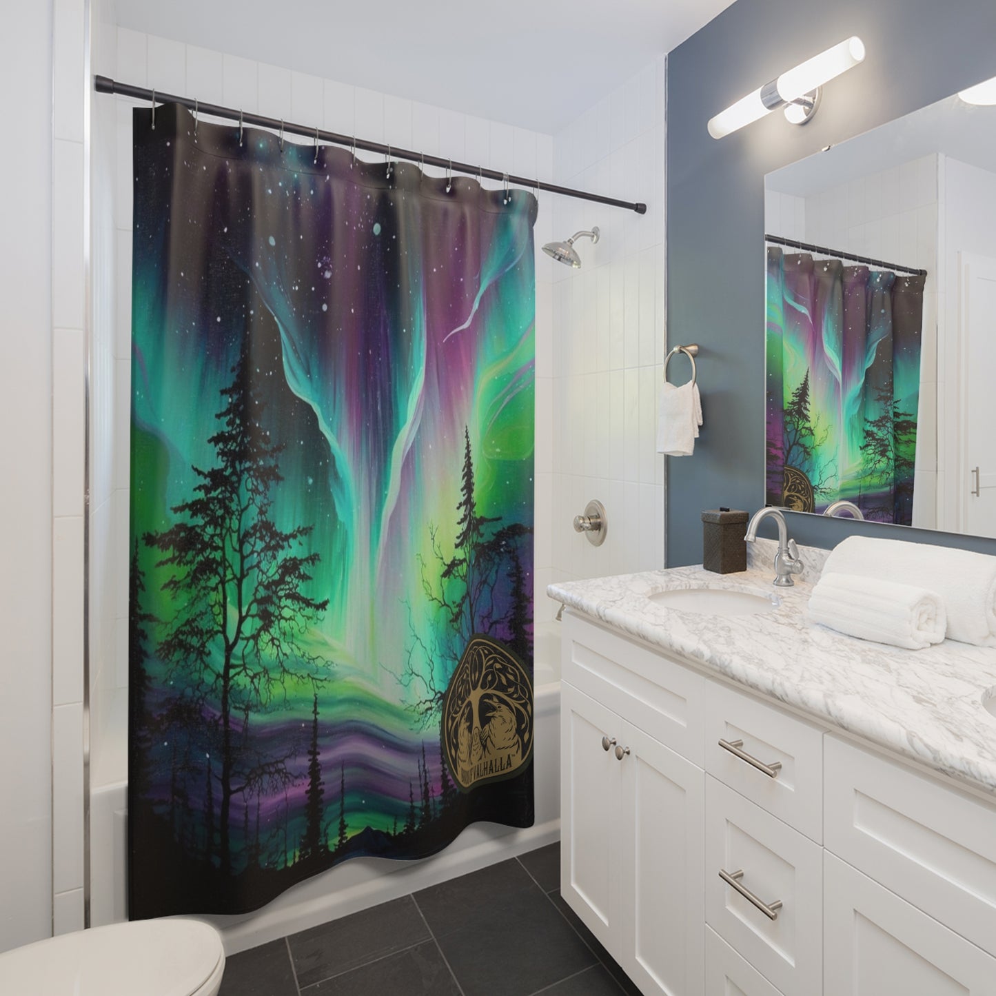 Aurora Borealis Birds of Valhalla Shower Curtain, Birds of Valhalla, Home Decor, Printify