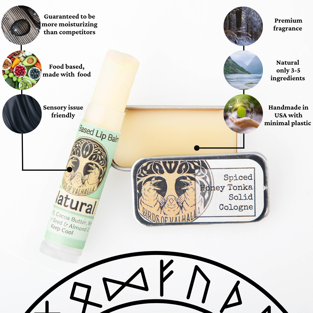OUR BEST SELLER; The Variety Pack : 12 Samples of Soap, Lip Balm, and Solid Cologne, Birds of Valhalla, Variety Pack, Birds of Valhalla