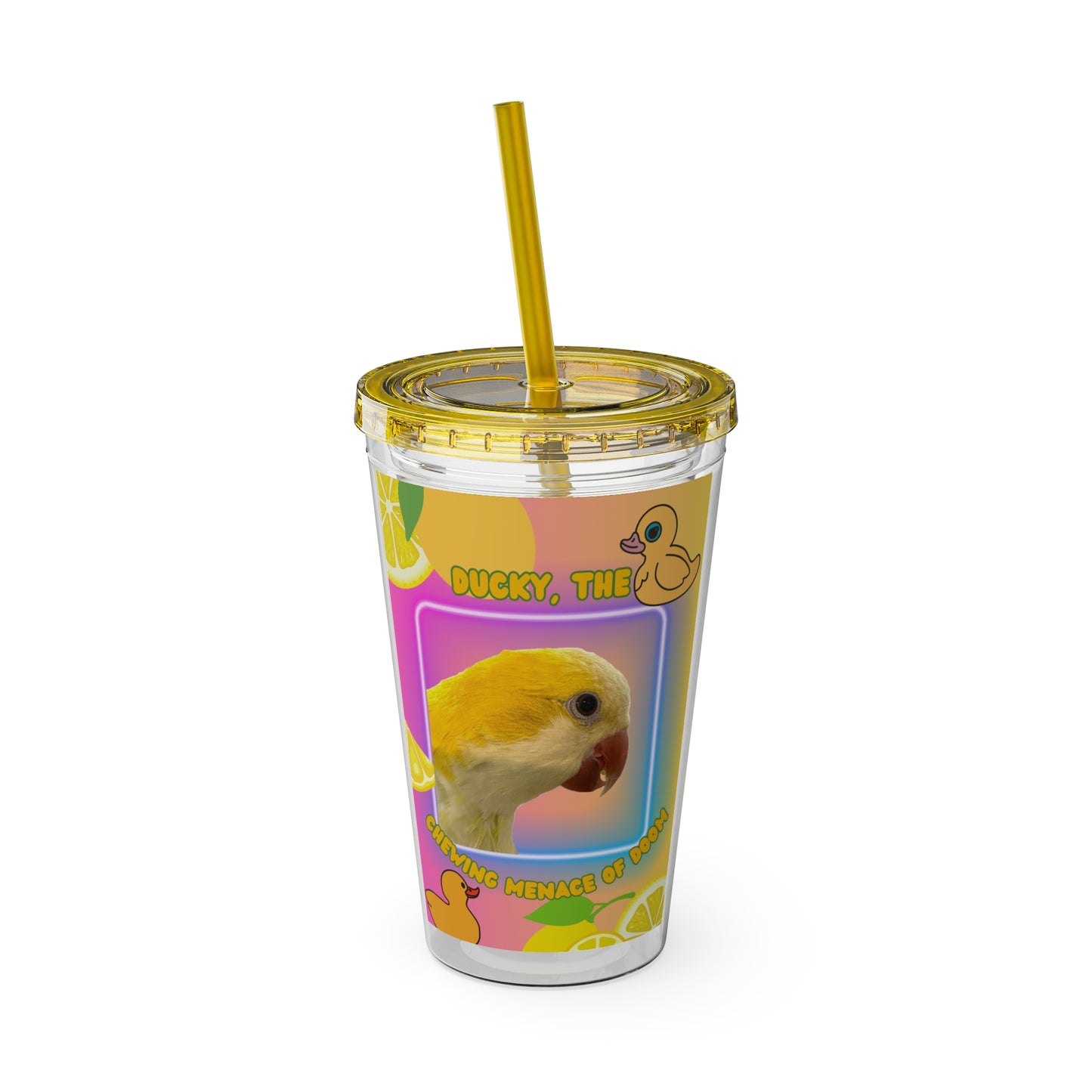 Baconbros Ducky the Menace Sunsplash Tumbler with Straw, 16oz, Birds of Valhalla, Mug, Printify
