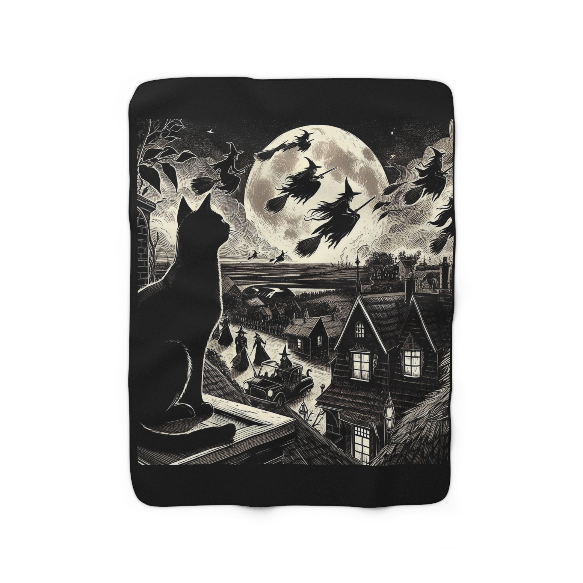 Witching Hour Cat Sherpa Fleece Blanket, Birds of Valhalla, Home Decor, Printify