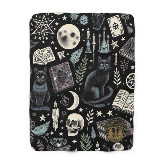 Witchy Cat Pagan Ritual Sherpa Fleece Blanket, Birds of Valhalla, Home Decor, Printify