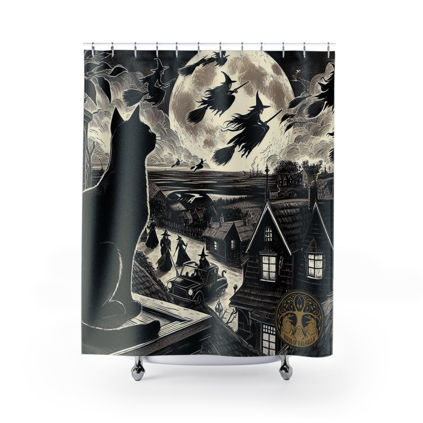 Witching Hour Cat Shower Curtains, Birds of Valhalla, Home Decor, Printify