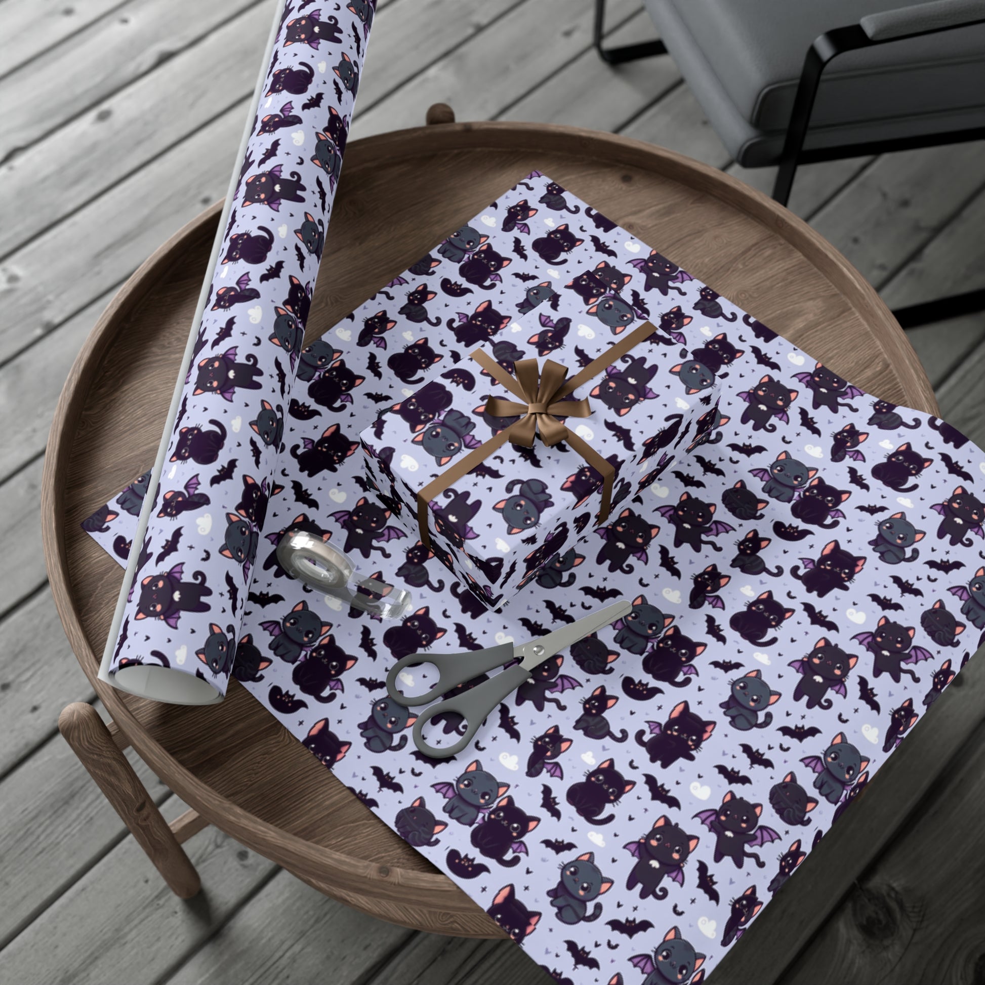 Cute Bat Cat Gift Wrap Papers, Birds of Valhalla, Home Decor, Printify