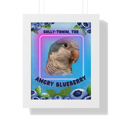 Sullytonin the Angry Blueberry Quaker Parrot Framed Vertical Poster, Birds of Valhalla, Poster, Printify