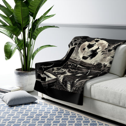 Witching Hour Cat Sherpa Fleece Blanket, Birds of Valhalla, Home Decor, Printify