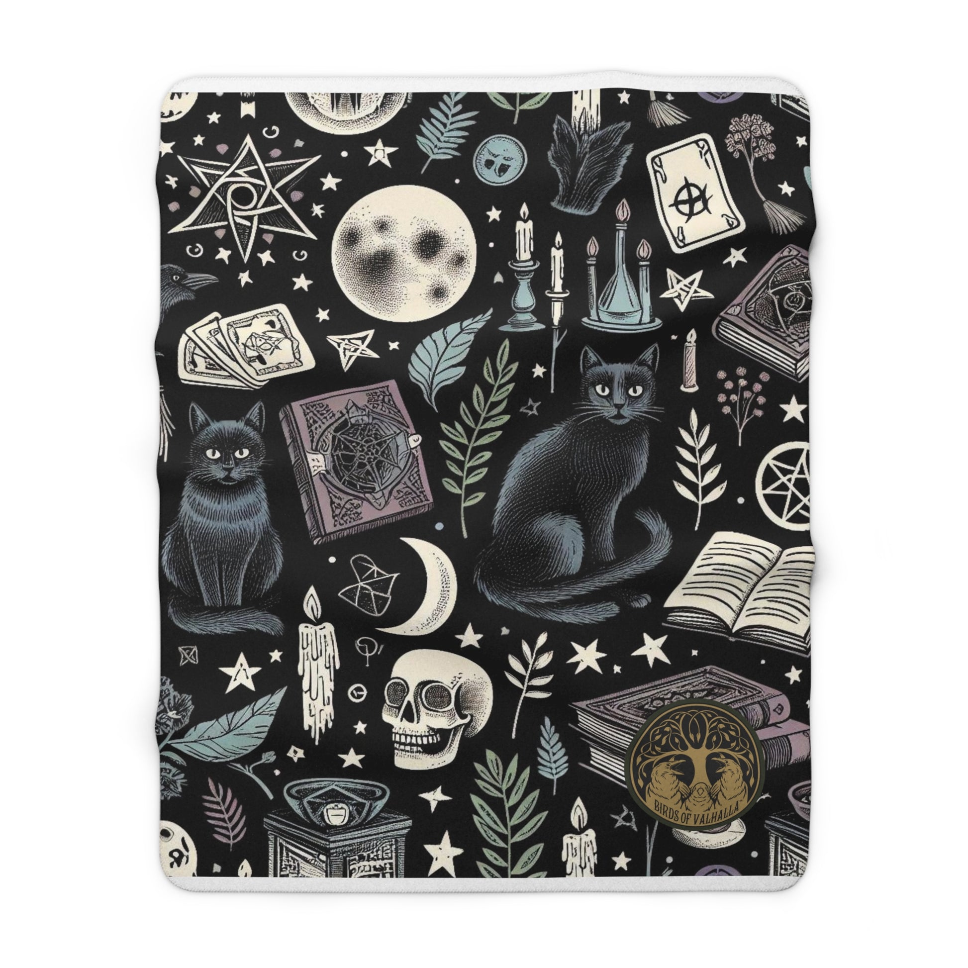 Witchy Cat Pagan Ritual Sherpa Fleece Blanket, Birds of Valhalla, Home Decor, Printify
