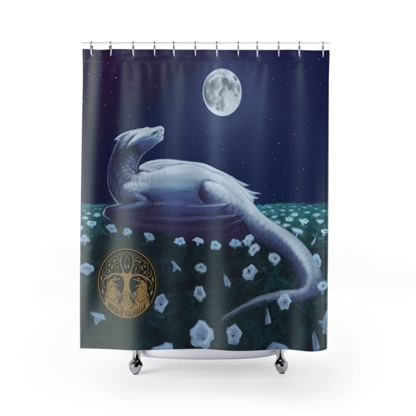 Dragon Moonflower Shower Curtains, Birds of Valhalla, Home Decor, Printify