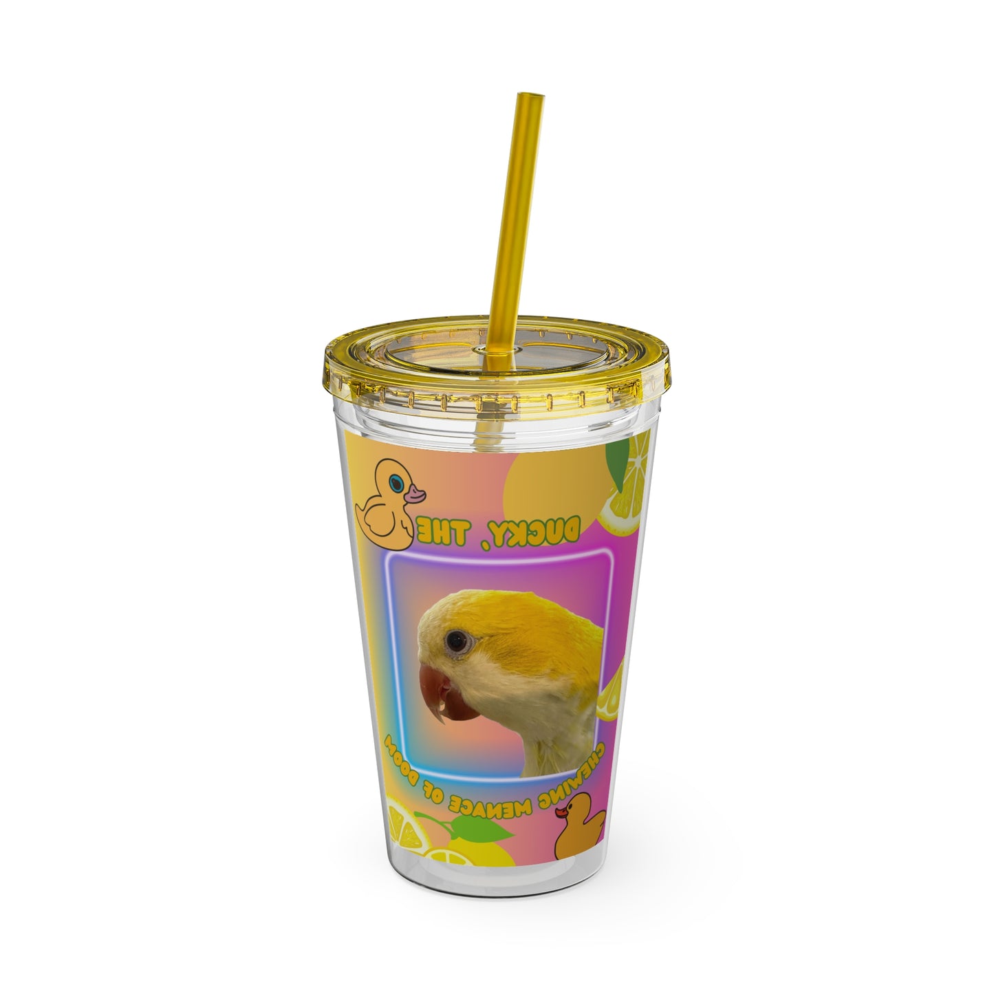 Baconbros Ducky the Menace Sunsplash Tumbler with Straw, 16oz, Birds of Valhalla, Mug, Printify