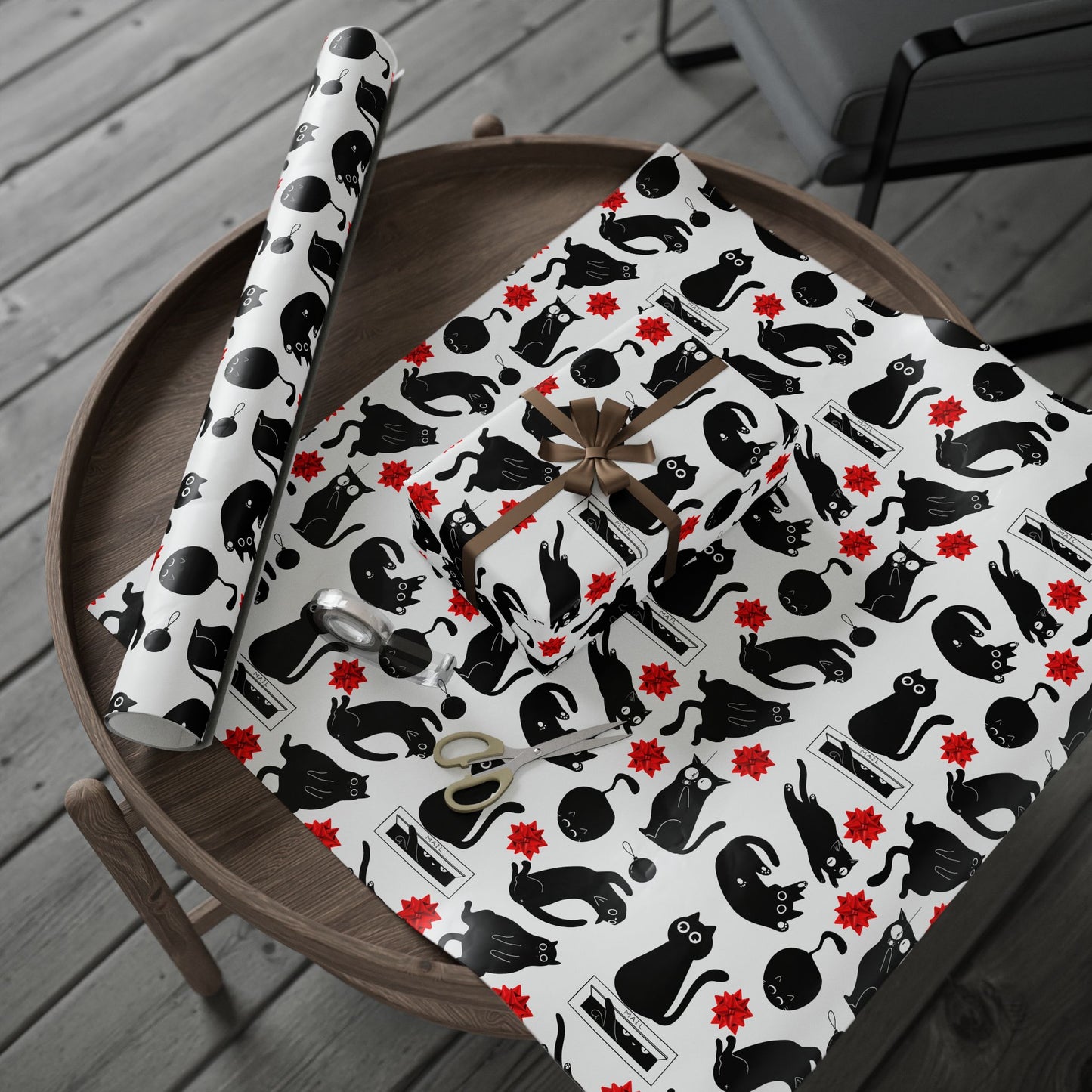 Black Void Kitty Wrapping Paper, Birds of Valhalla, Home Decor, Printify