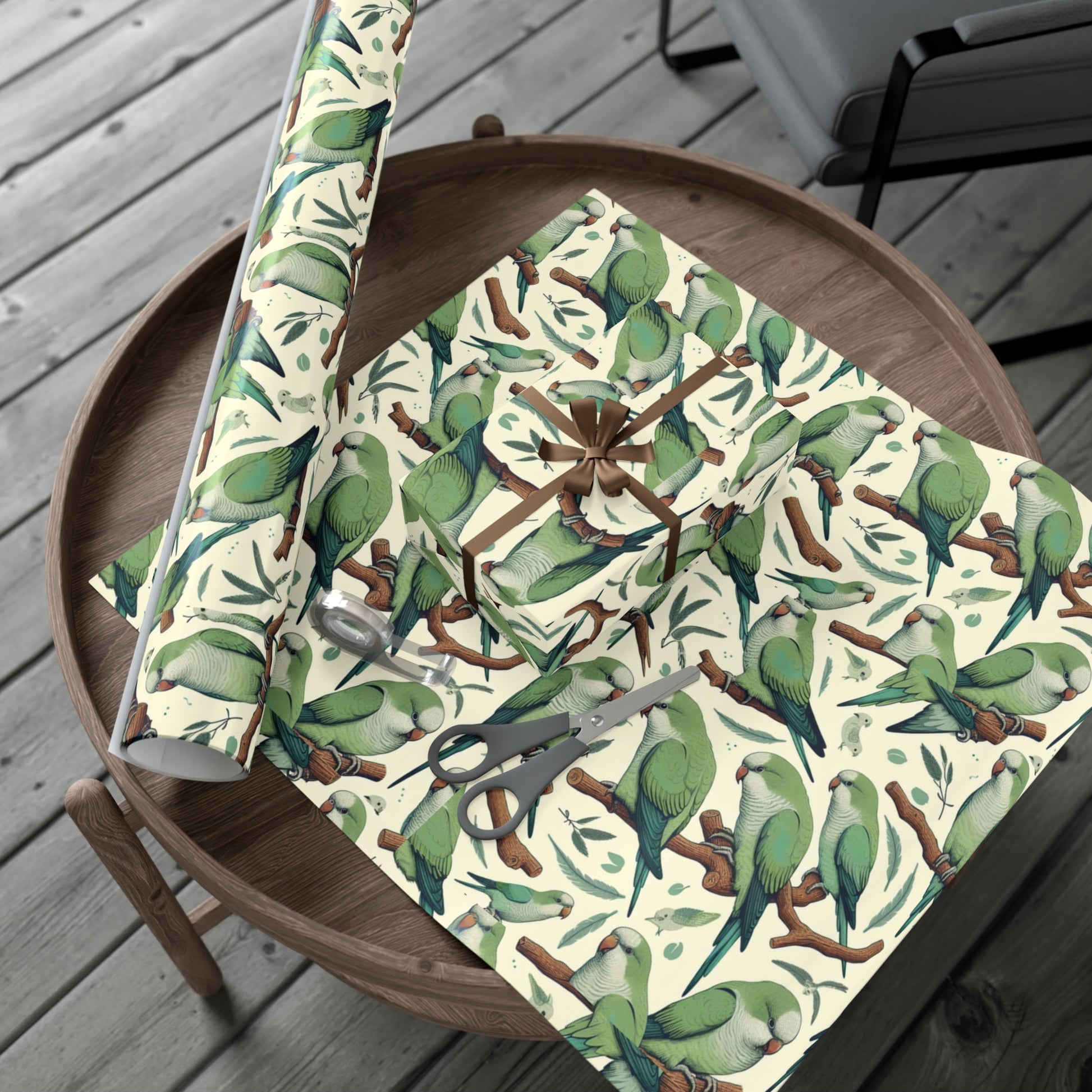 Green Quaker Parrot Gift Wrap Papers, Birds of Valhalla, Home Decor, Printify