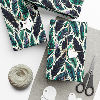 Teal Feathers Gift Wrap Papers, Birds of Valhalla, Home Decor, Printify