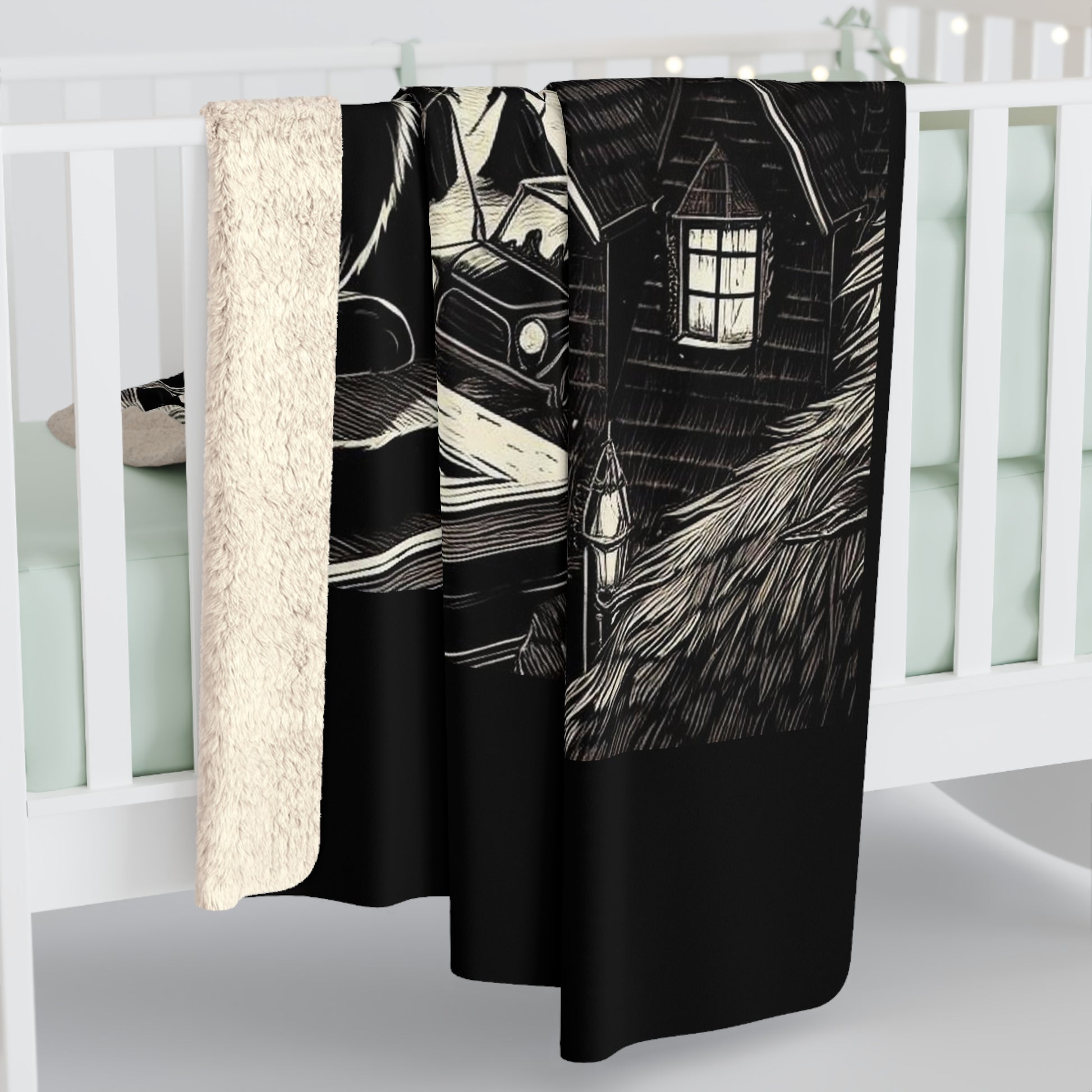 Witching Hour Cat Sherpa Fleece Blanket, Birds of Valhalla, Home Decor, Printify