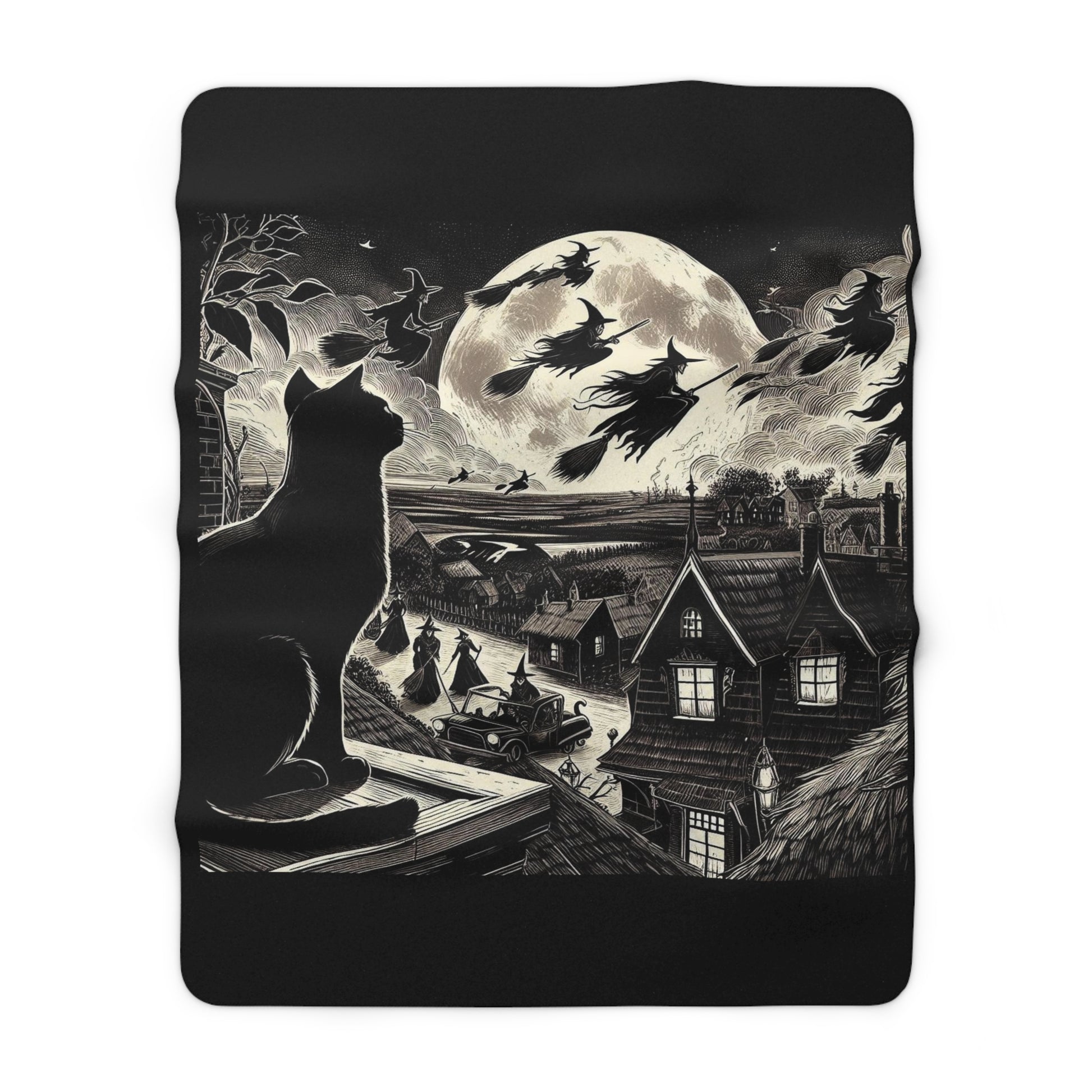 Witching Hour Cat Sherpa Fleece Blanket, Birds of Valhalla, Home Decor, Printify