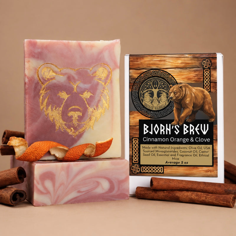 Björn’s Brew - Orange, Cinnamon Clove, & Turmeric Natural Essential Oil Soap, Birds of Valhalla, Seasonal soap, Birds of Valhalla