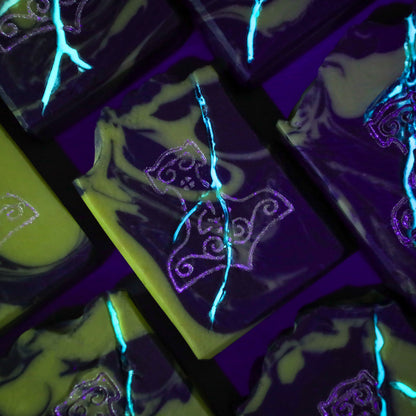 Norsestrology : Glow-in-the-dark Aries-Thor Soap with Pyrite Thor's Hammer, Birds of Valhalla, Astrology Soap, Birds of Valhalla