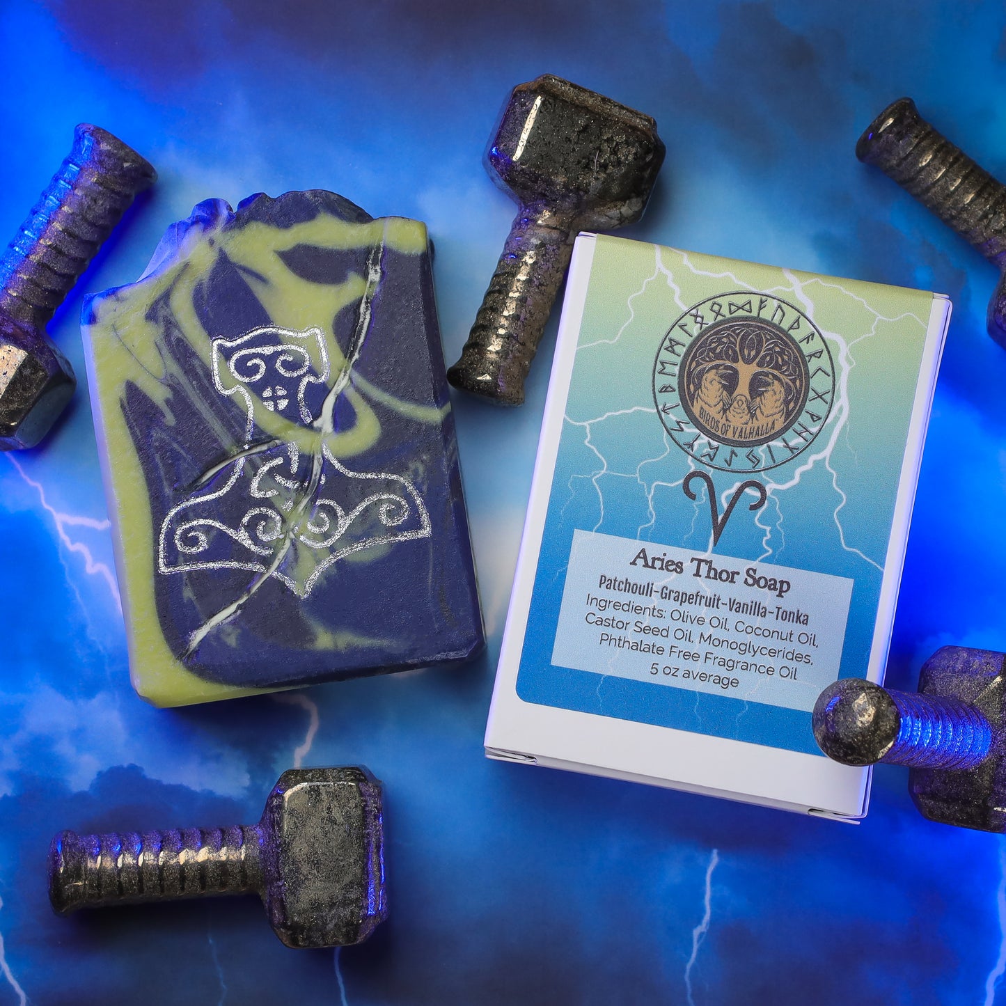 Norsestrology : Glow-in-the-dark Aries-Thor Soap with Pyrite Thor's Hammer, Birds of Valhalla, Astrology Soap, Birds of Valhalla