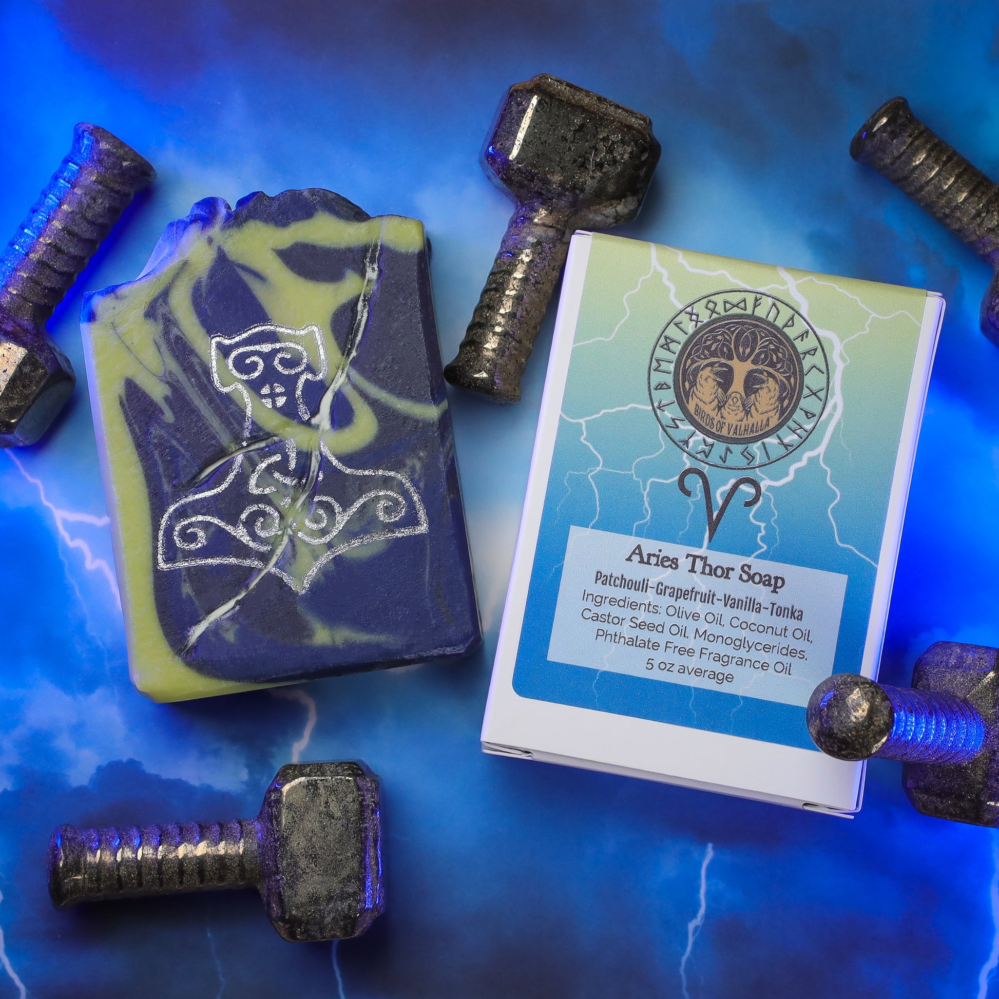 Norsestrology : Glow-in-the-dark Aries-Thor Soap with Pyrite Thor's Hammer, Birds of Valhalla, Astrology Soap, Birds of Valhalla