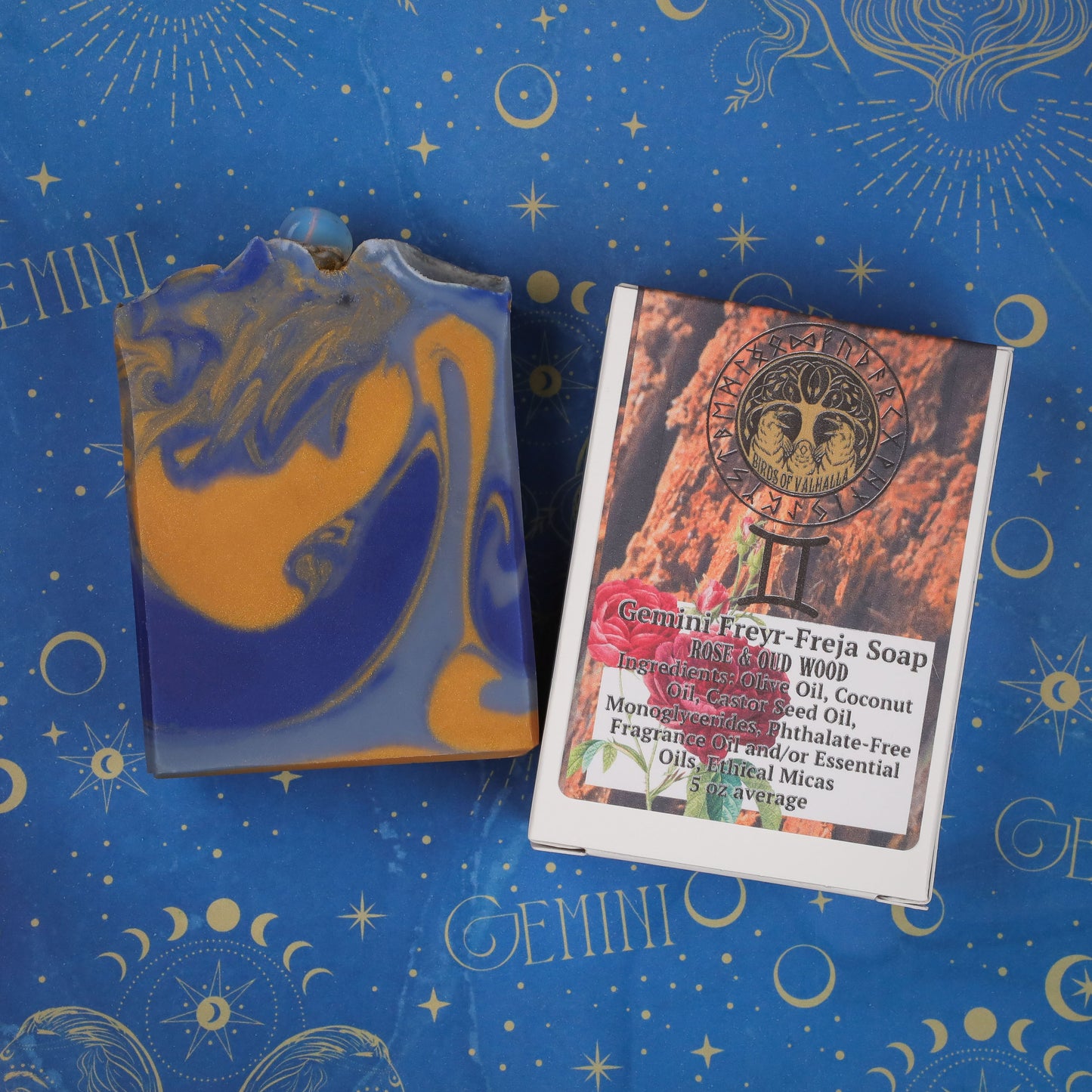 Norsestrology :  Gemini-Freyr & Freja Soap with Opaline Runestone, Birds of Valhalla, Astrology Soap, Birds of Valhalla