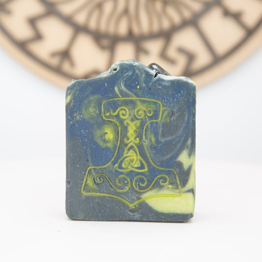 PRE-ORDER Norsestrology : Glow-in-the-dark Aries-Thor Soap with Pyrite Thor's Hammer, Birds of Valhalla, Astrology Soap, Birds of Valhalla